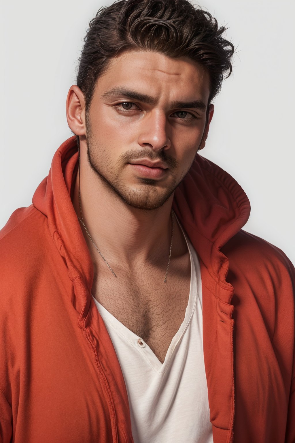 Portrait of handsome man, simple_background, wearing red hoodie, 