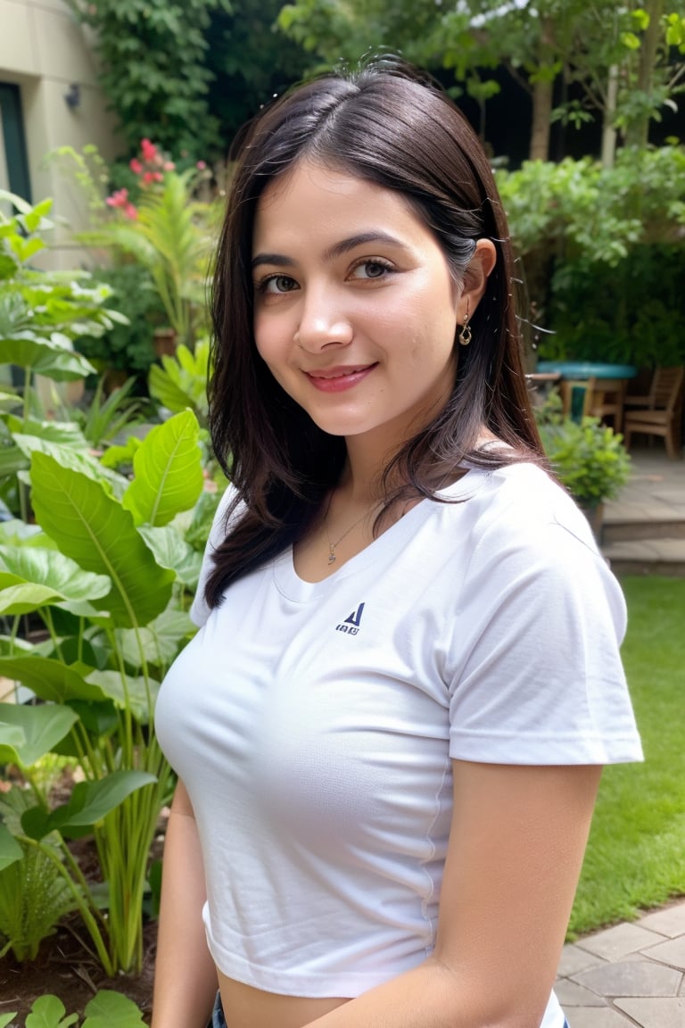 1girl, smile,potrait, realistic, masterpiece, 4k, detailed, natural make up, real_life, garden background, (upper body:1.5)