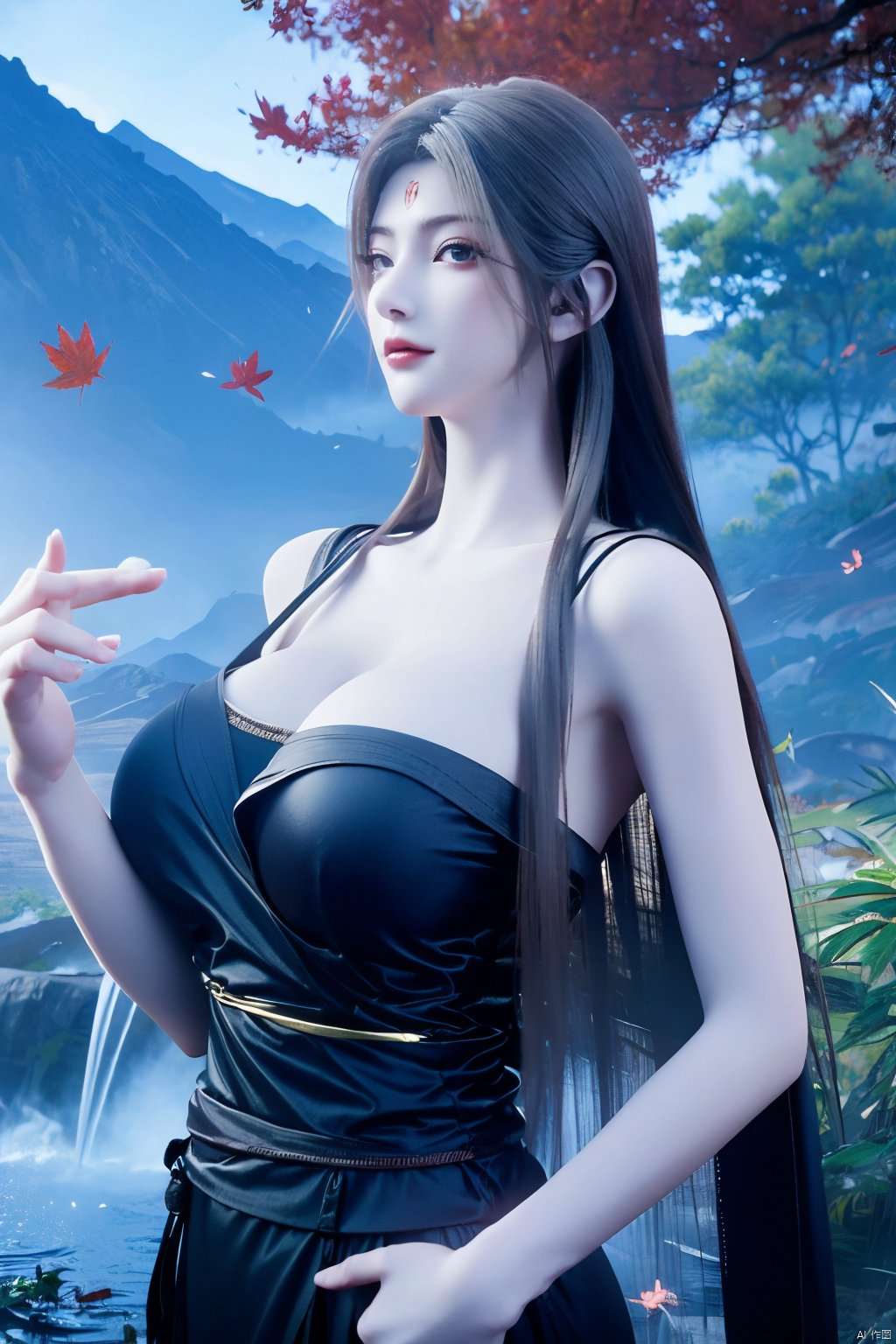 masterpiece,best quality,1girl,solo,beautiful outdoor,beautiful mount,(big breasts:1.29),Xtianhuxiaobai,Maple leaves, flowers,waterfalls, volcanoes