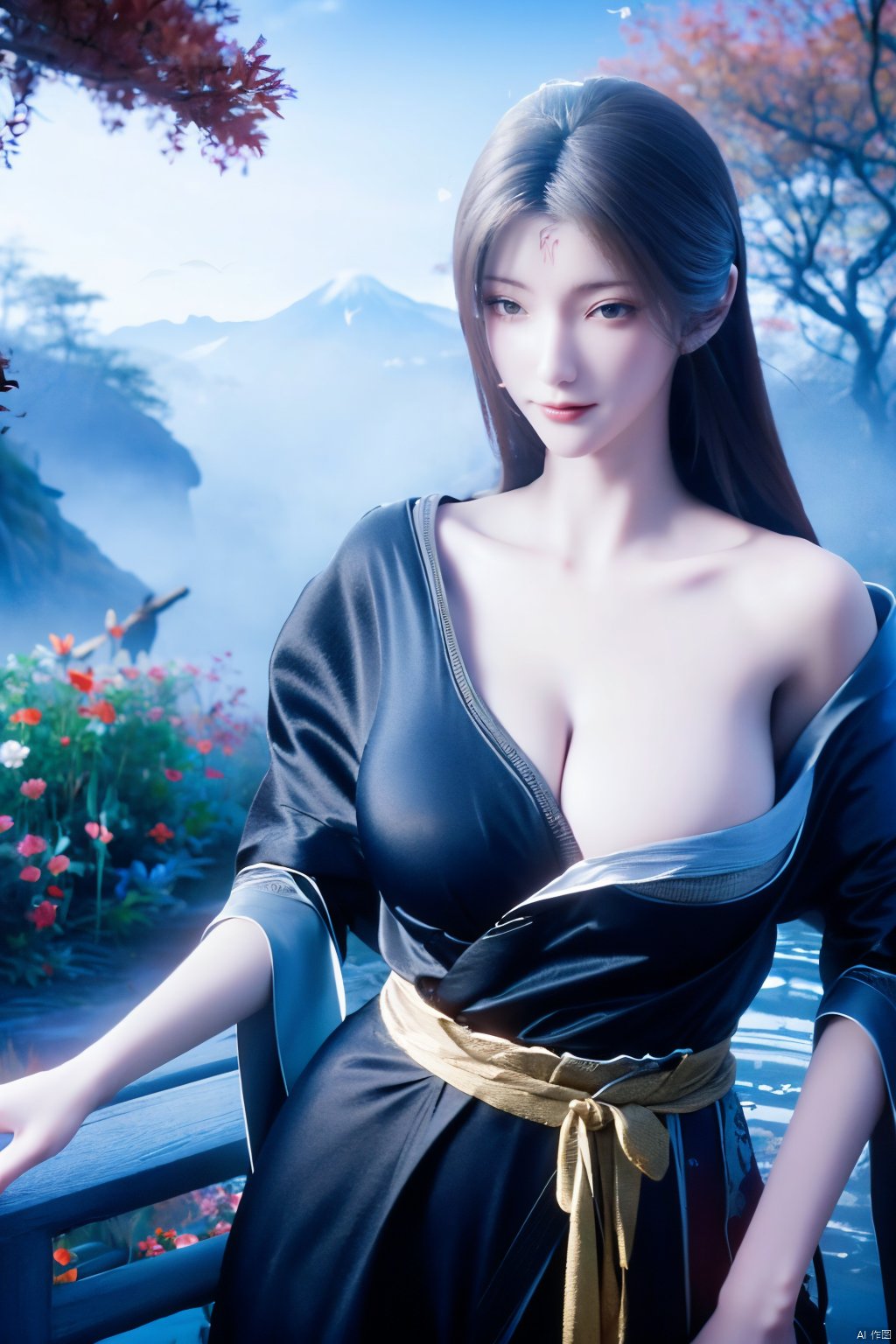 masterpiece,best quality,1girl,solo,beautiful outdoor,beautiful mount,(big breasts:1.29),Xtianhuxiaobai,Maple leaves, flowers,waterfalls, volcanoes