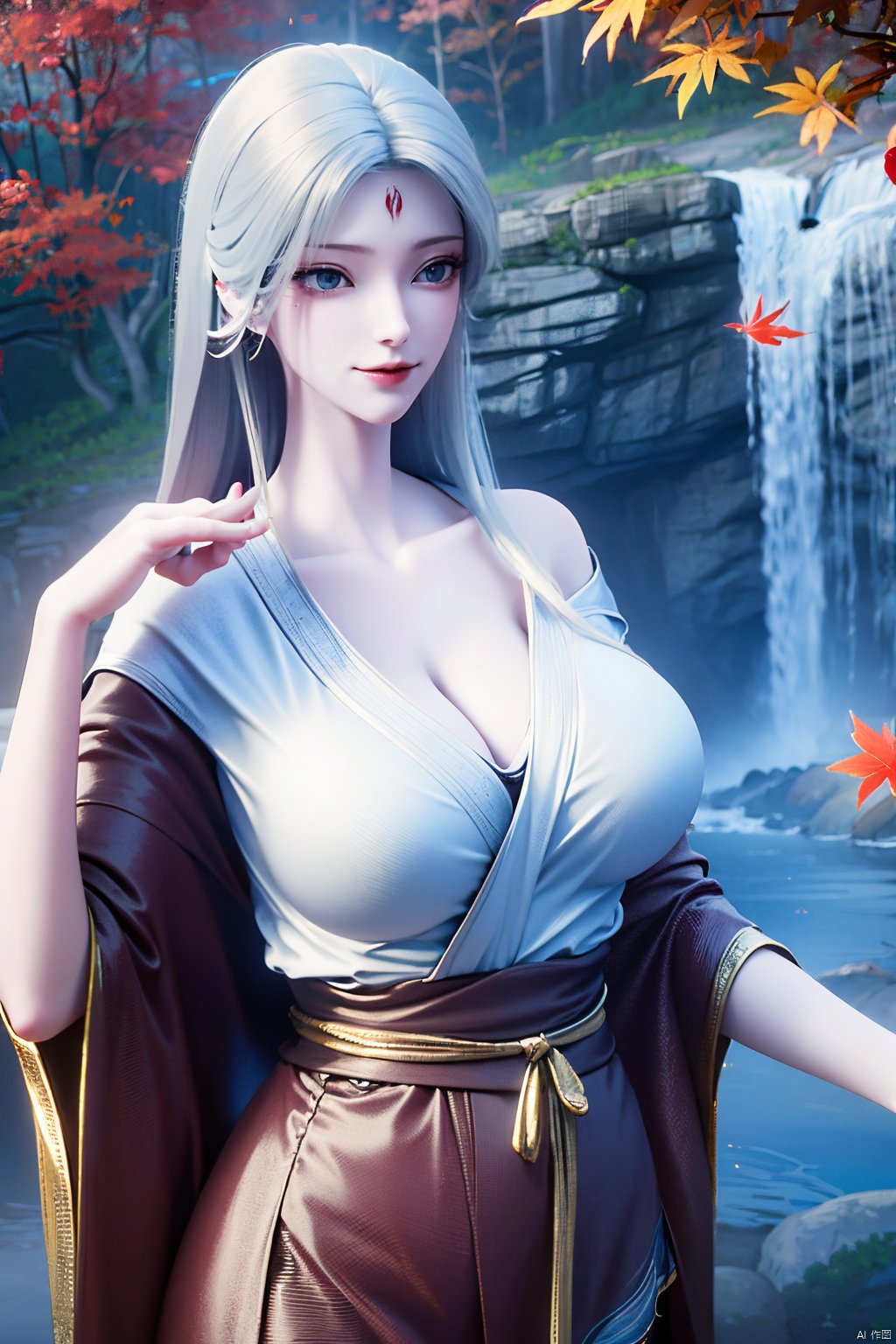 masterpiece,best quality,1girl,solo,beautiful outdoor,beautiful mount,(big breasts:1.29),Xtianhuxiaobai,Maple leaves, flowers,waterfalls, volcanoes