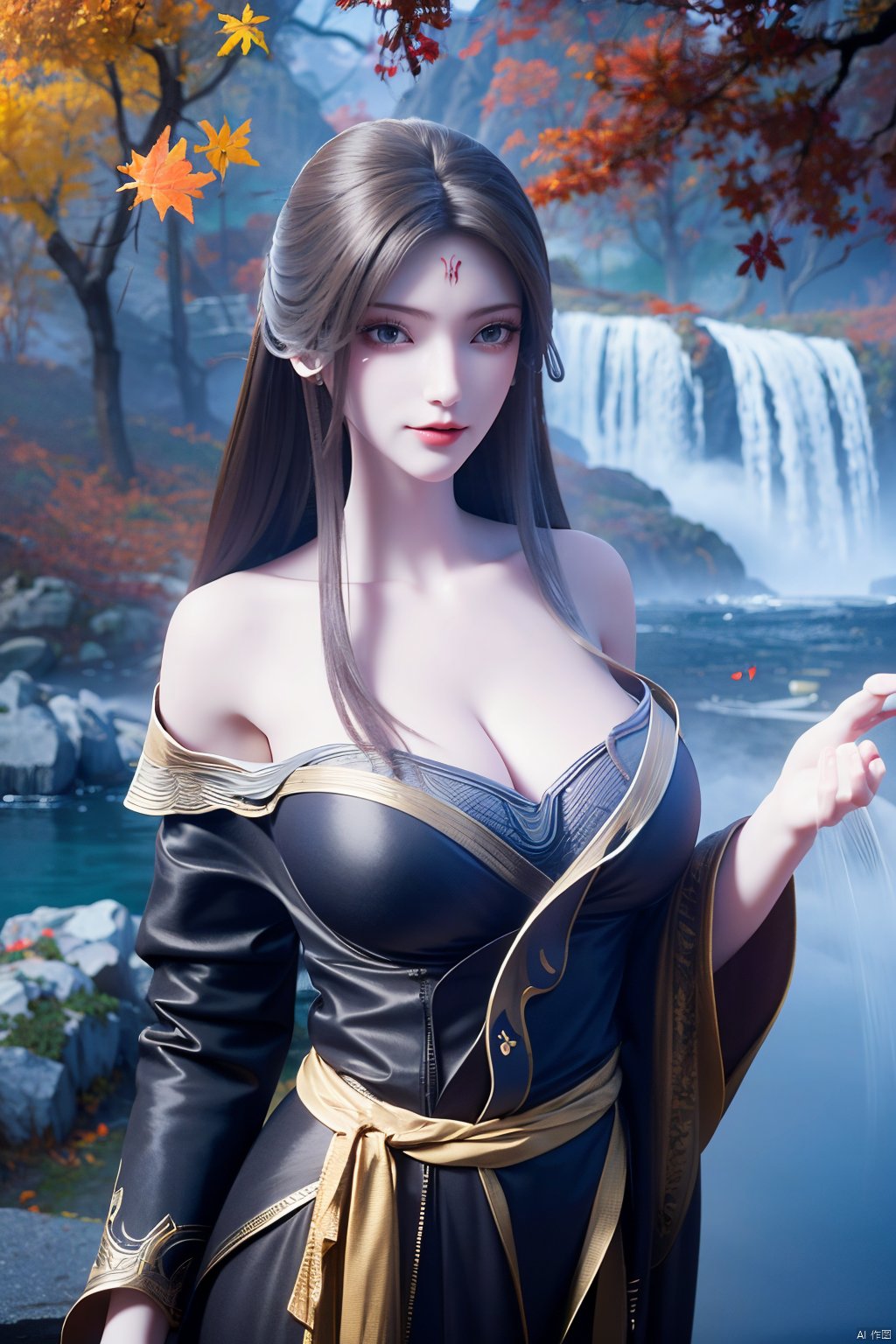 masterpiece,best quality,1girl,solo,beautiful outdoor,beautiful mount,(big breasts:1.29),Xtianhuxiaobai,Maple leaves, flowers,waterfalls, volcanoes