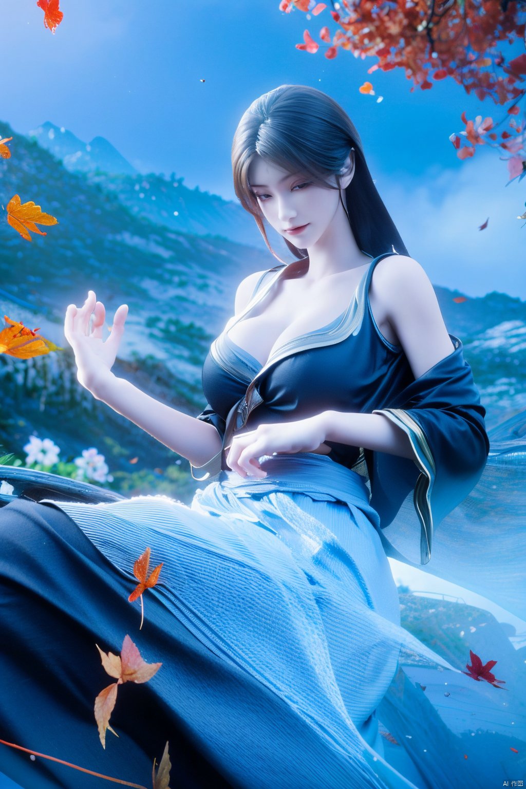 masterpiece,best quality,1girl,solo,beautiful outdoor,beautiful mount,(big breasts:1.29),Xtianhuxiaobai,Maple leaves, flowers,waterfalls, volcanoes