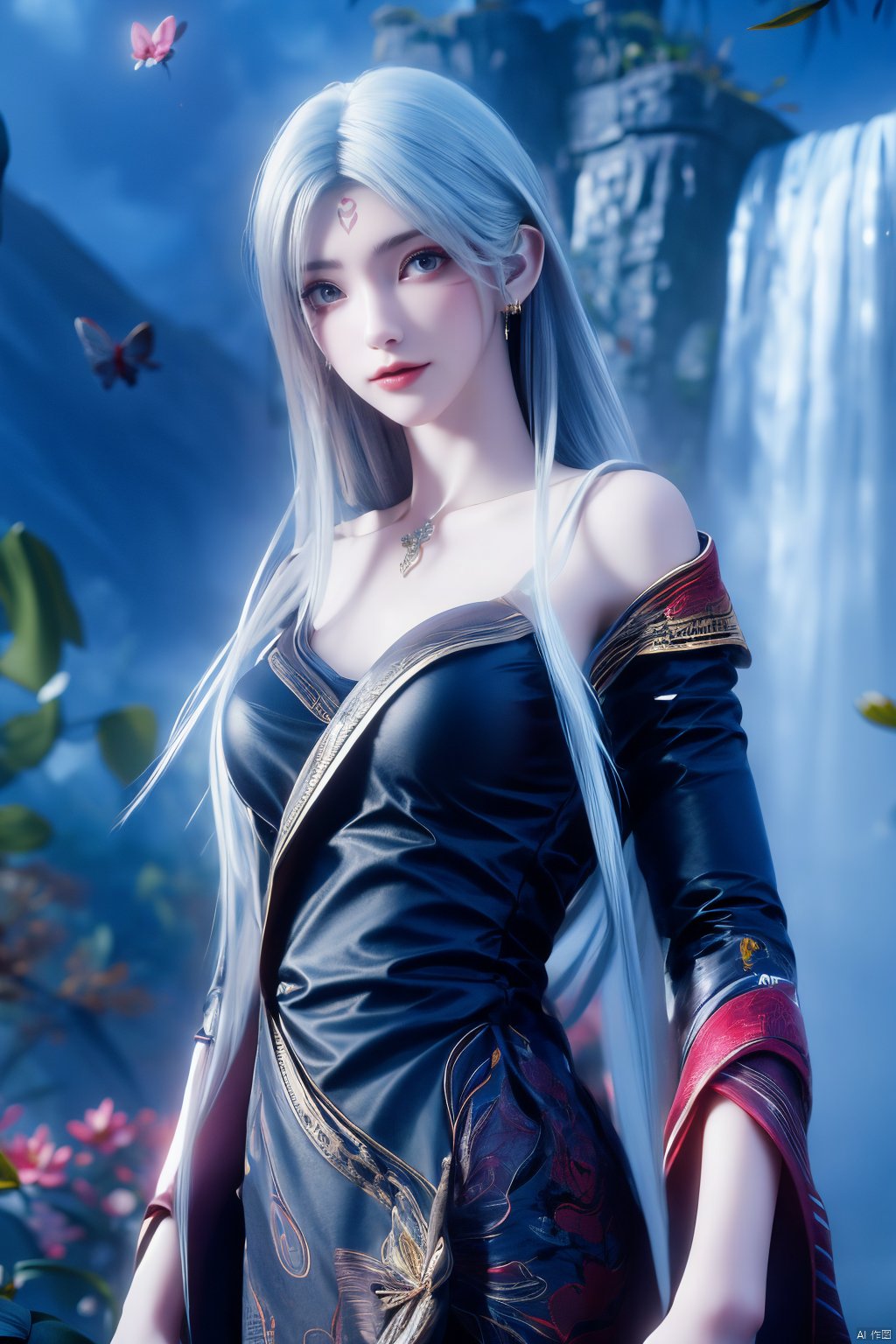 masterpiece,(best quality),official art,(extremely delicate and beautiful),,1girl, solo, long hair, (big breasts:1.3), looking at viewer, dress, bare shoulders, jewelry, white hair, earrings, detached sleeves, wings, necklace, white dress, lips, tiara,facial mark,Xtianhuxiaobai,(flowers,Waterfall, lotus, willow, butterfly:1.23),