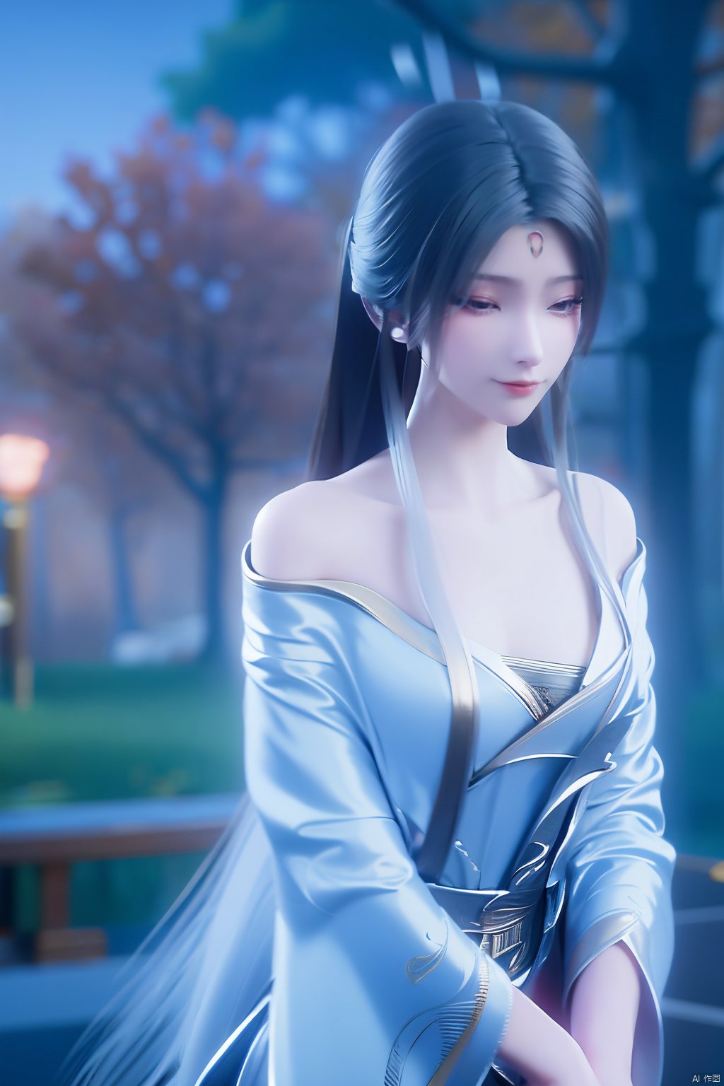 masterpiece,(best quality),official art,(extremely delicate and beautiful)1girl, solo, long hair, black hair, hair ornament, dress, jewelry, outdoors, hair bun, white dress, tree, night, single hair bun, light,Xtianhuxiaobai