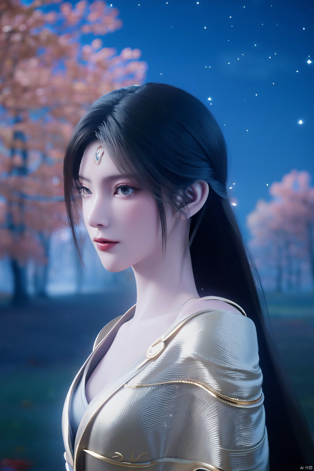 masterpiece,(best quality),official art,(extremely delicate and beautiful)1girl, solo, long hair, black hair, hair ornament, dress, jewelry, outdoors, hair bun, white dress, tree, night, single hair bun, light,Xtianhuxiaobai