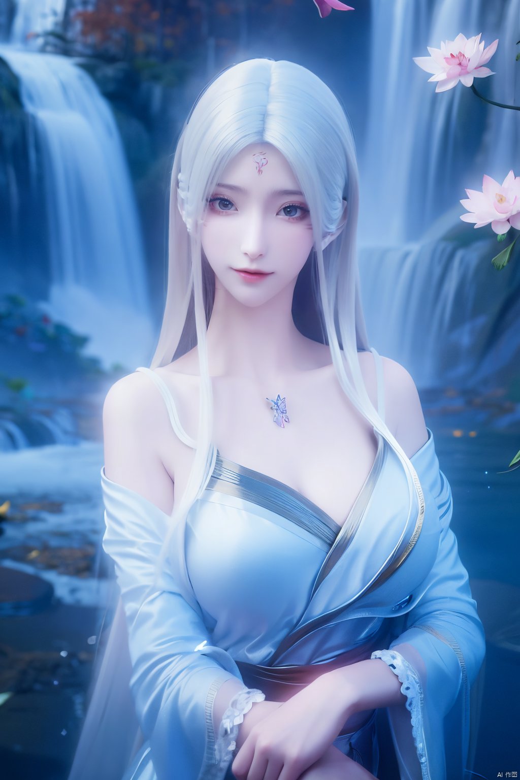 masterpiece,(best quality),official art,(extremely delicate and beautiful),,1girl, solo, long hair, (big breasts:1.3), looking at viewer, dress, bare shoulders, jewelry, white hair, earrings, detached sleeves, wings, necklace, white dress, lips, tiara,facial mark,Xtianhuxiaobai,(flowers,Waterfall, lotus, willow, butterfly:1.23),