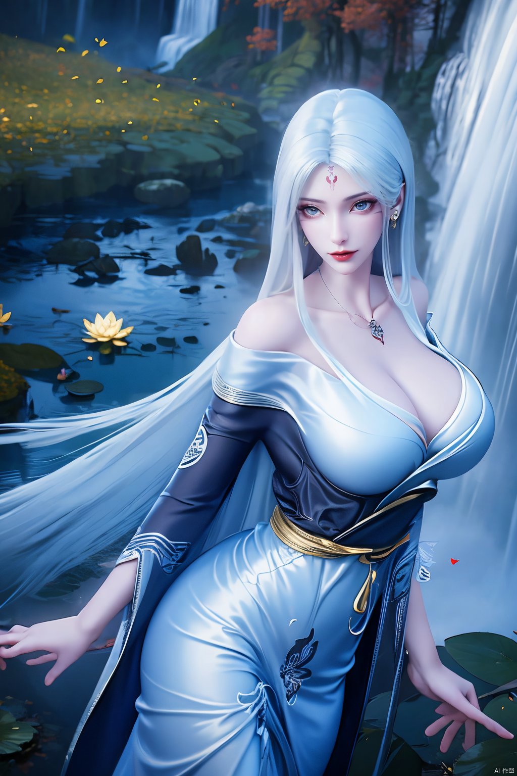 masterpiece,(best quality),official art,(extremely delicate and beautiful),,1girl, solo, long hair, (big breasts:1.3), looking at viewer, dress, bare shoulders, jewelry, white hair, earrings, detached sleeves, wings, necklace, white dress, lips, tiara,facial mark,Xtianhuxiaobai,(flowers,Waterfall, lotus, willow, butterfly:1.23),