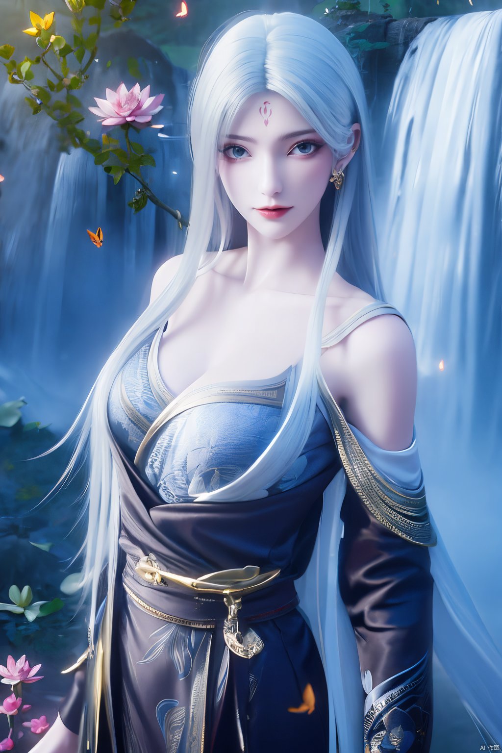 masterpiece,(best quality),official art,(extremely delicate and beautiful),,1girl, solo, long hair, (big breasts:1.3), looking at viewer, dress, bare shoulders, jewelry, white hair, earrings, detached sleeves, wings, necklace, white dress, lips, tiara,facial mark,Xtianhuxiaobai,(flowers,Waterfall, lotus, willow, butterfly:1.23),