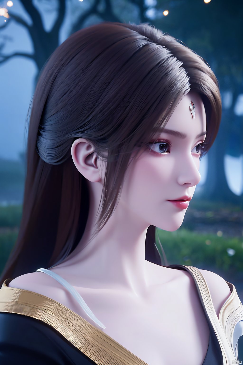 masterpiece,(best quality),official art,(extremely delicate and beautiful)1girl, solo, long hair, black hair, hair ornament, dress, jewelry, outdoors, hair bun, white dress, tree, night, single hair bun, light,Xtianhuxiaobai