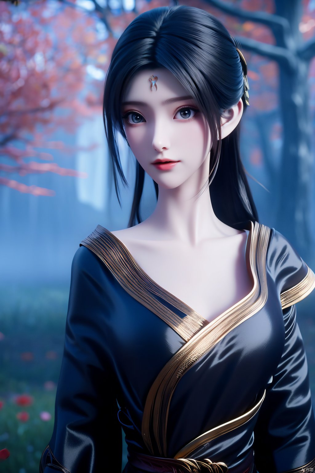 masterpiece,(best quality),official art,(extremely delicate and beautiful)1girl, solo, long hair, black hair, hair ornament, dress, jewelry, outdoors, hair bun, white dress, tree, night, single hair bun, light,Xtianhuxiaobai