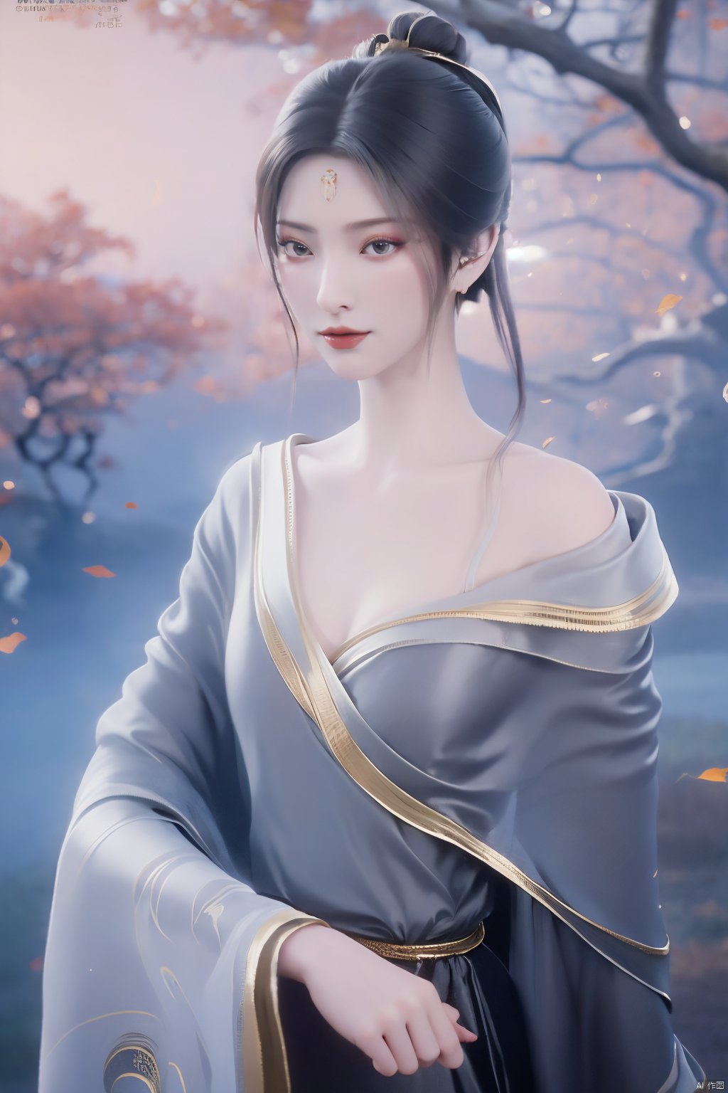 masterpiece,(best quality),official art,(extremely delicate and beautiful)1girl, solo, long hair, black hair, hair ornament, dress, jewelry, outdoors, hair bun, white dress, tree, night, single hair bun, light,Xtianhuxiaobai