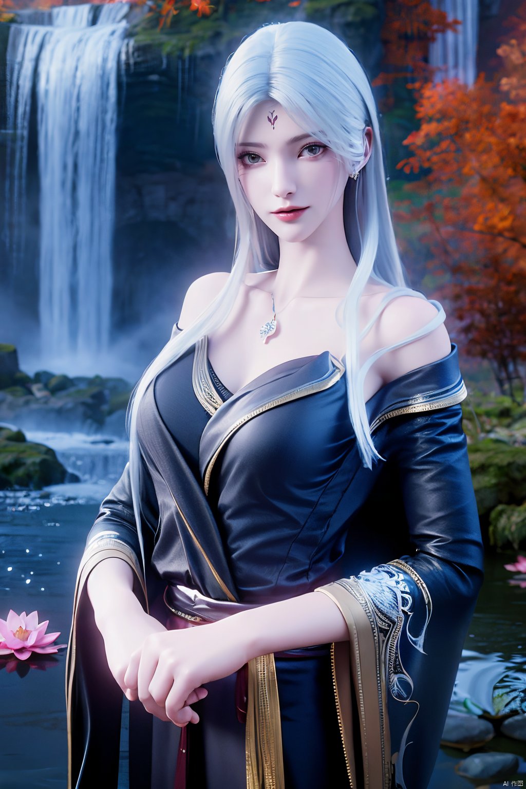 masterpiece,(best quality),official art,(extremely delicate and beautiful),,1girl, solo, long hair, (big breasts:1.3), looking at viewer, dress, bare shoulders, jewelry, white hair, earrings, detached sleeves, wings, necklace, white dress, lips, tiara,facial mark,Xtianhuxiaobai,(flowers,Waterfall, lotus, willow, butterfly:1.23),