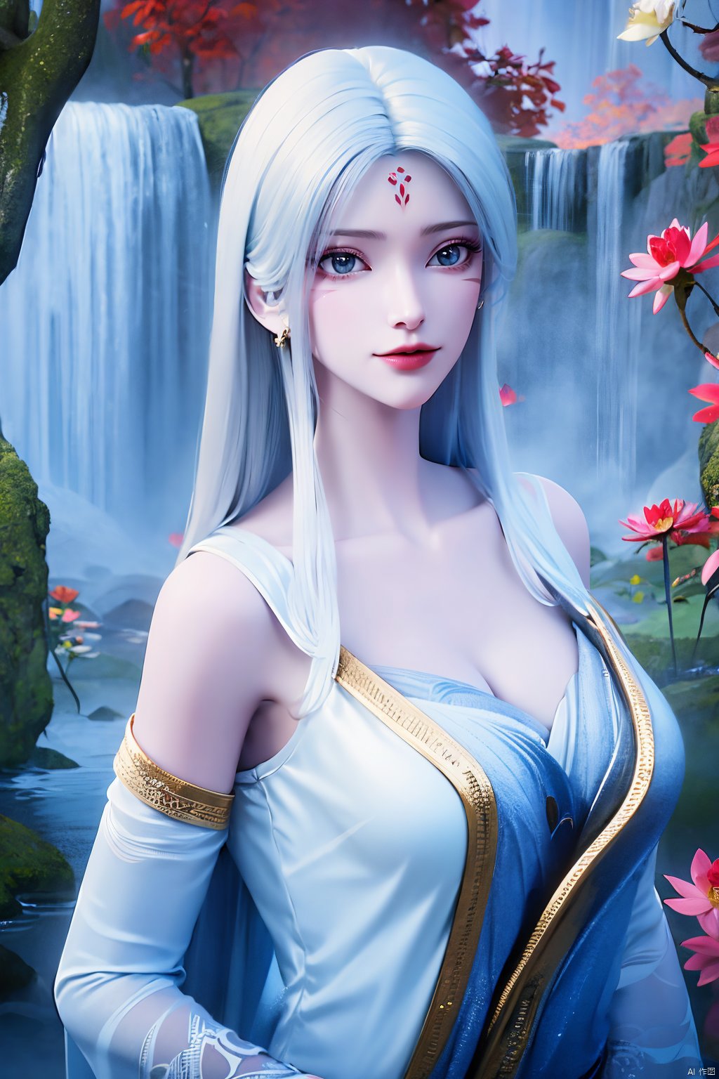 masterpiece,(best quality),official art,(extremely delicate and beautiful),,1girl, solo, long hair, (big breasts:1.3), looking at viewer, dress, bare shoulders, jewelry, white hair, earrings, detached sleeves, wings, necklace, white dress, lips, tiara,facial mark,Xtianhuxiaobai,(flowers,Waterfall, lotus, willow, butterfly:1.23),