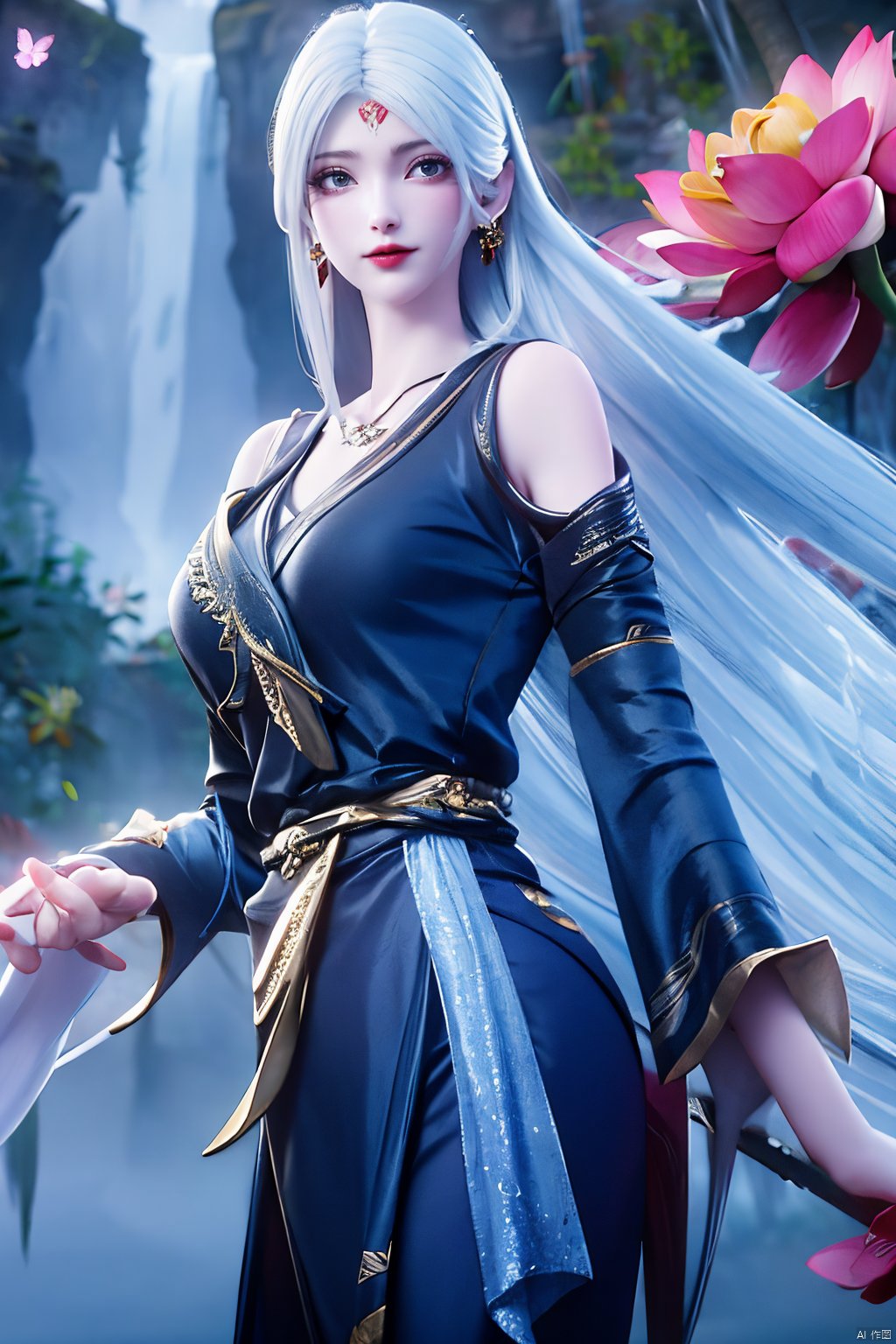 masterpiece,(best quality),official art,(extremely delicate and beautiful),,1girl, solo, long hair, (big breasts:1.3), looking at viewer, dress, bare shoulders, jewelry, white hair, earrings, detached sleeves, wings, necklace, white dress, lips, tiara,facial mark,Xtianhuxiaobai,(flowers,Waterfall, lotus, willow, butterfly:1.23),