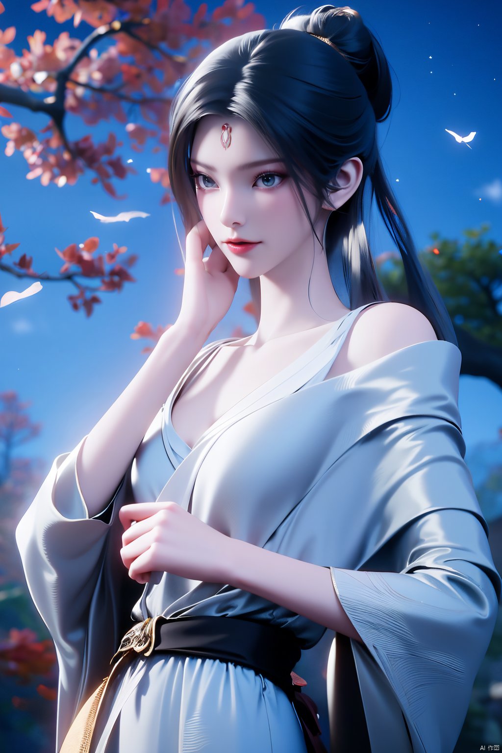 masterpiece,(best quality),official art,(extremely delicate and beautiful)1girl, solo, long hair, black hair, hair ornament, dress, jewelry, outdoors, hair bun, white dress, tree, night, single hair bun, light,Xtianhuxiaobai