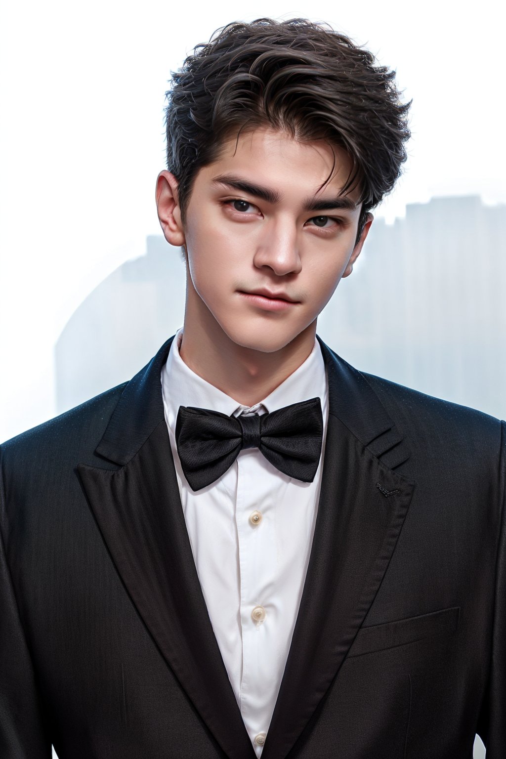 Portrait of handsome model, wearing black suits, Bow tie,  white background 