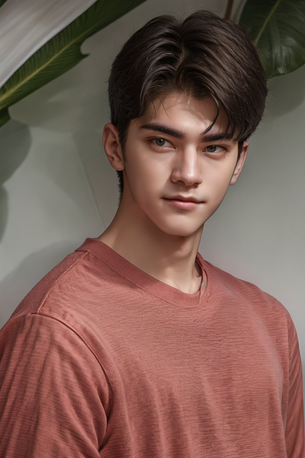 Portrait of handsome young model, wearing red shirt