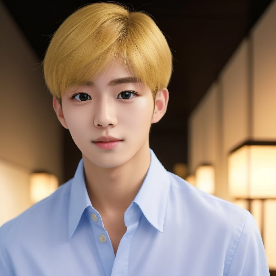 ig_ikemen, solo, ikemen, 1boy, modern, fashion, masterpiece, blonde, nice photo, realistic, upper body, perfect anatomy, 🏙, collared shirt, clean background, portrait, Japanese hair style, 