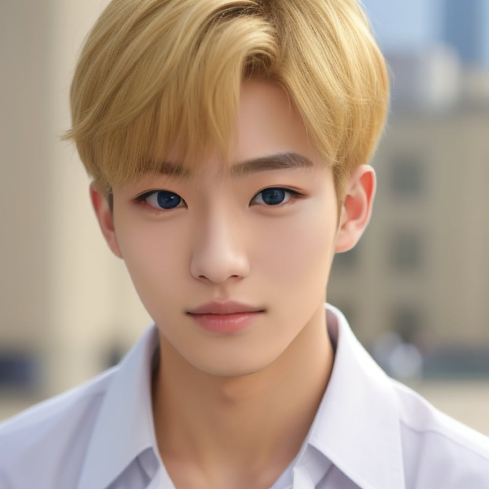 solo, ikemen, 1boy, modern, fashion, masterpiece, blonde, nice photo, realistic, upper body, perfect anatomy, 🏙, collared shirt, clean background, portrait, Japanese hair style, 