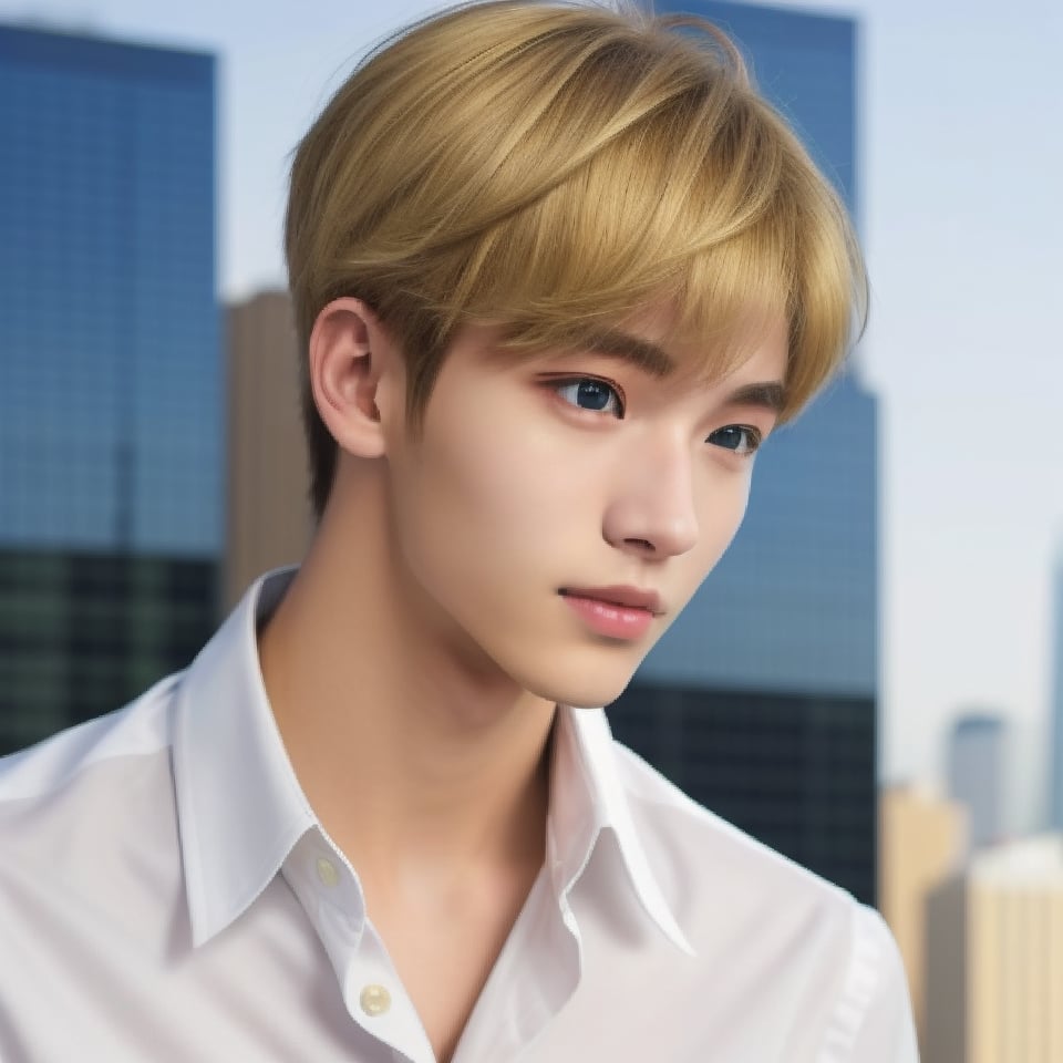 solo, ikemen, 1boy, modern, fashion, masterpiece, blonde, nice photo, realistic, upper body, perfect anatomy, 🏙, collared shirt, clean background, portrait, 