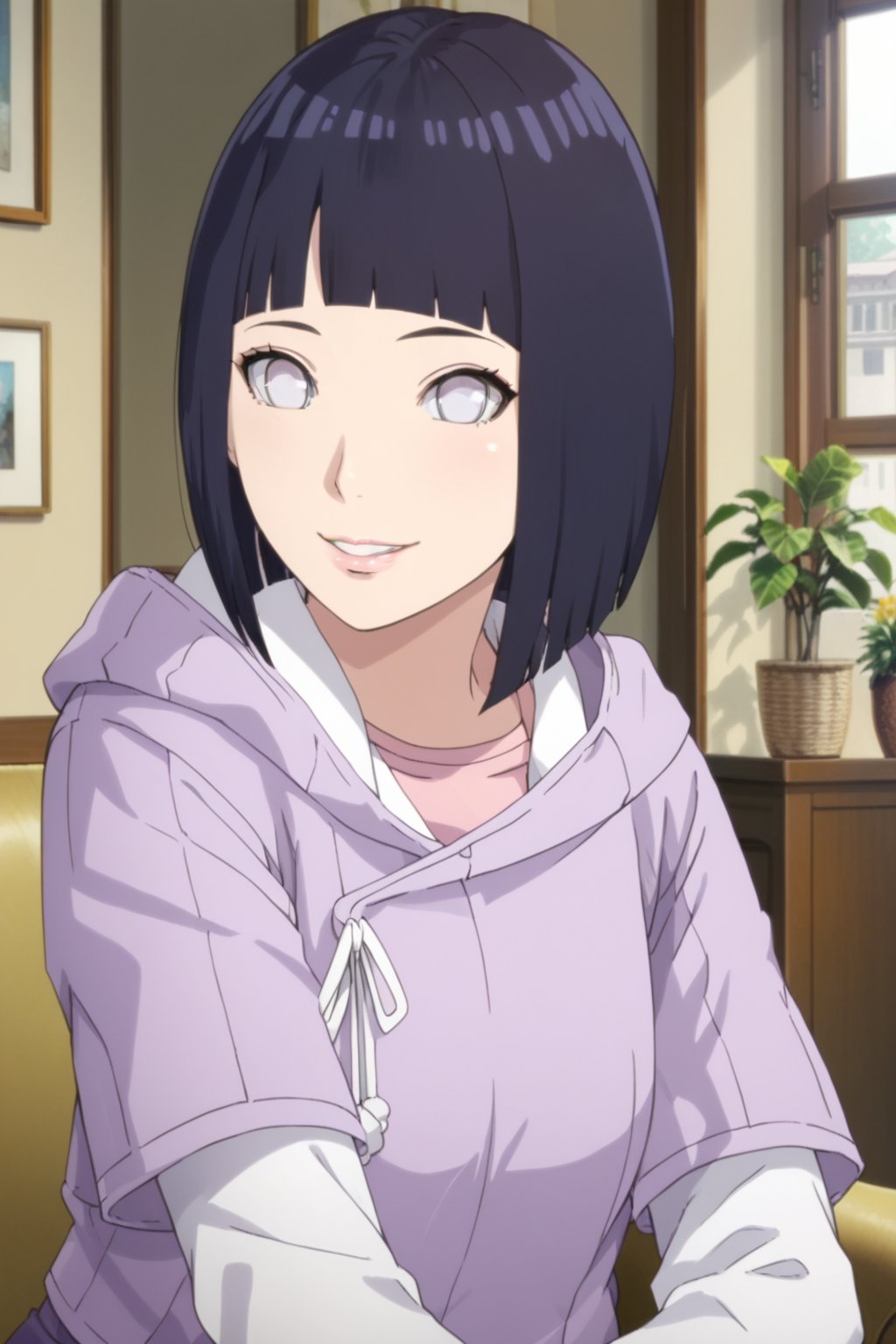 1girl ,    , smile , in the living room , at home , 
BREAK , 
score_9, score_8_up, score_7_up, score_6, score_5, score_4, ( masterpiece , ultra Detailed face ) , 
ChopioHinataBoruto , black hair ,  white eyes , lips , 
medium hair, purple hair, shiny hair, bob cut, blunt bangs, no pupils,
outfit_1, lilac hoodie,