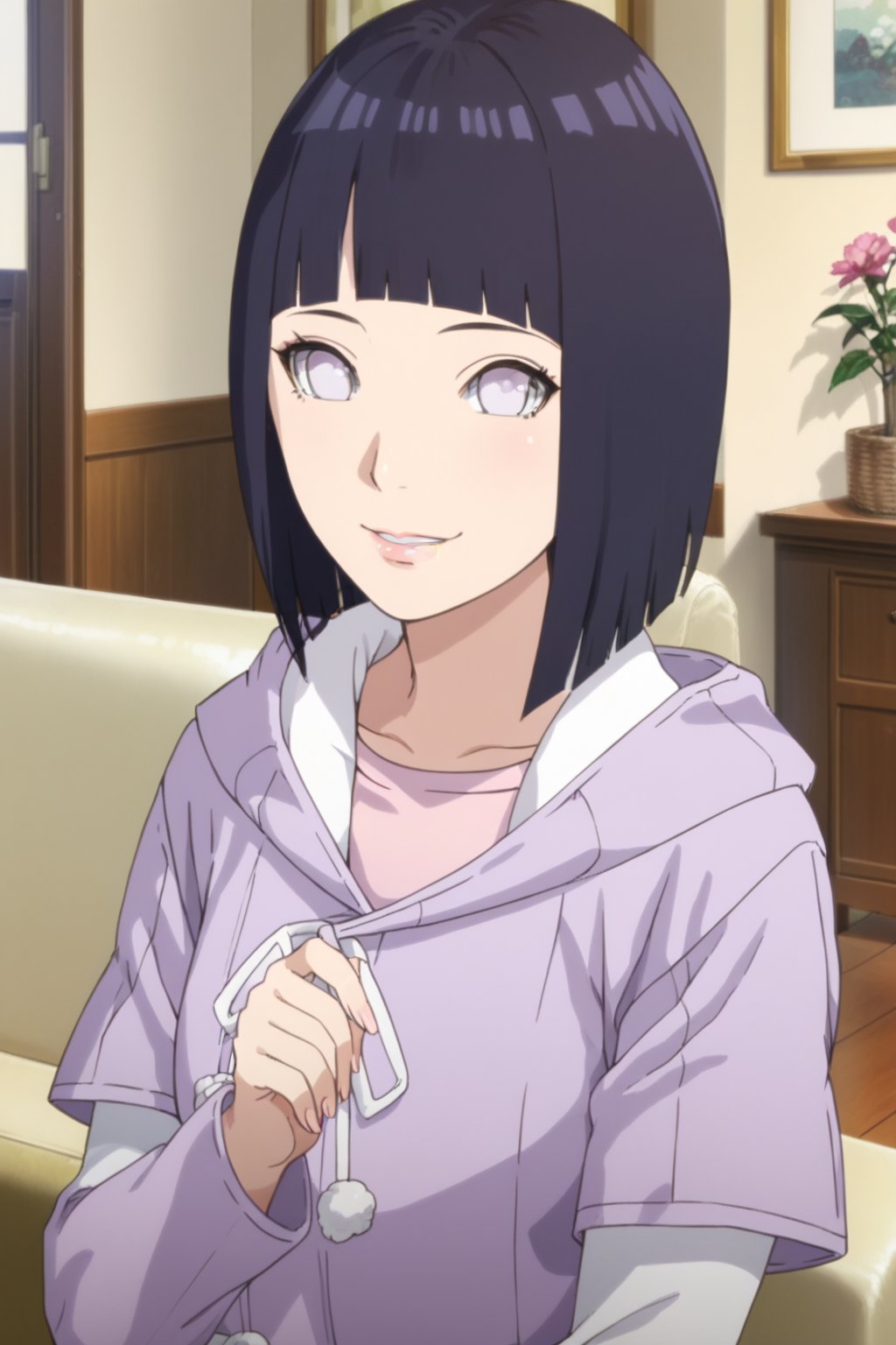 1girl , relaxed  , smile , in the living room , at home , 
BREAK , 
score_9, score_8_up, score_7_up, score_6, score_5, score_4, ( masterpiece , ultra Detailed face ) , 
ChopioHinataBoruto , black hair ,  white eyes , lips , 
medium hair, purple hair, shiny hair, bob cut, blunt bangs, no pupils,
outfit_1, lilac hoodie,