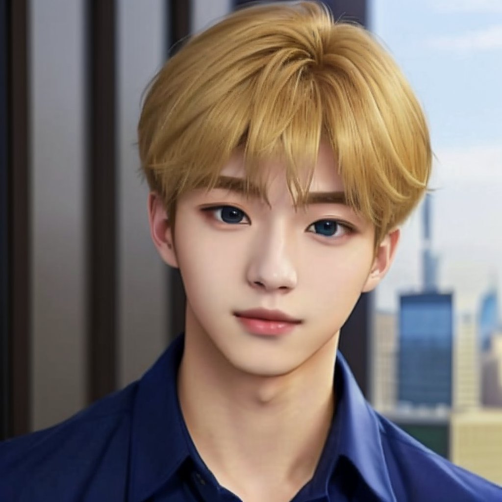 solo, looking at viewer, portrait, realistic, blonde hair, collared shirt, 🏙, ikemen, masterpiece, navy blue shirt, nice photo, 