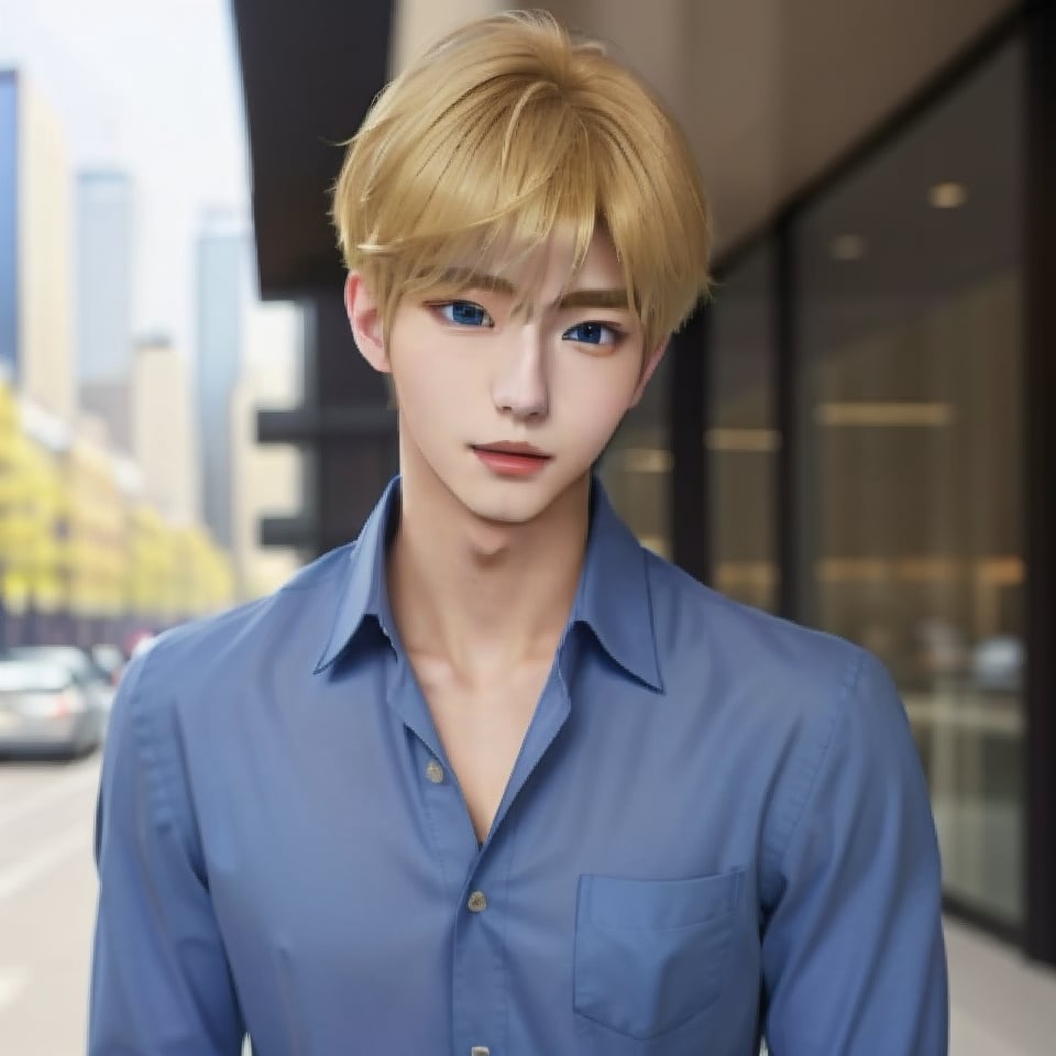 my_blonde_ikemen, solo, looking at viewer, upper body, realistic, blonde hair, collared shirt, 🏙, ikemen, masterpiece, blue shirt, nice photo, 