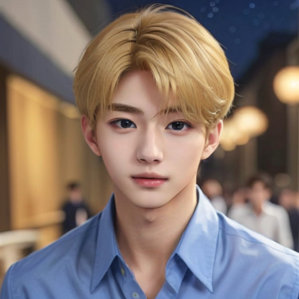 my_blonde_ikemen, solo, looking at viewer, upper body, realistic, blonde hair, collared shirt, 🌌, ikemen, masterpiece, navy blue shirt, nice photo, four grids,