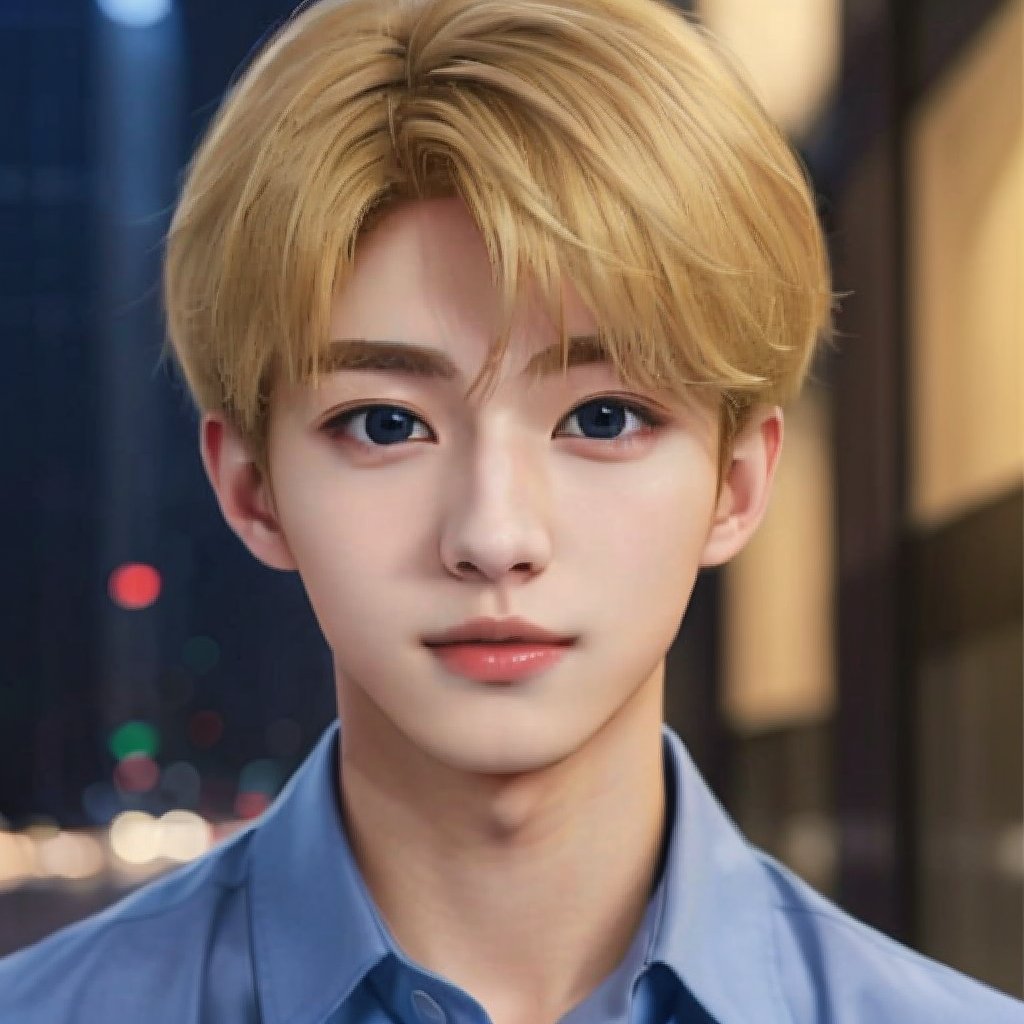 my_blonde_ikemen, solo, looking at viewer, upper body, realistic, blonde hair, collared shirt, 🌌, ikemen, masterpiece, navy blue shirt, nice photo, four grids, 