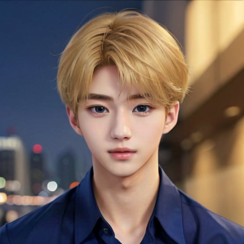 my_blonde_ikemen, solo, looking at viewer, upper body, realistic, blonde hair, collared shirt, 🌌, ikemen, masterpiece, navy blue shirt, nice photo, four grids,