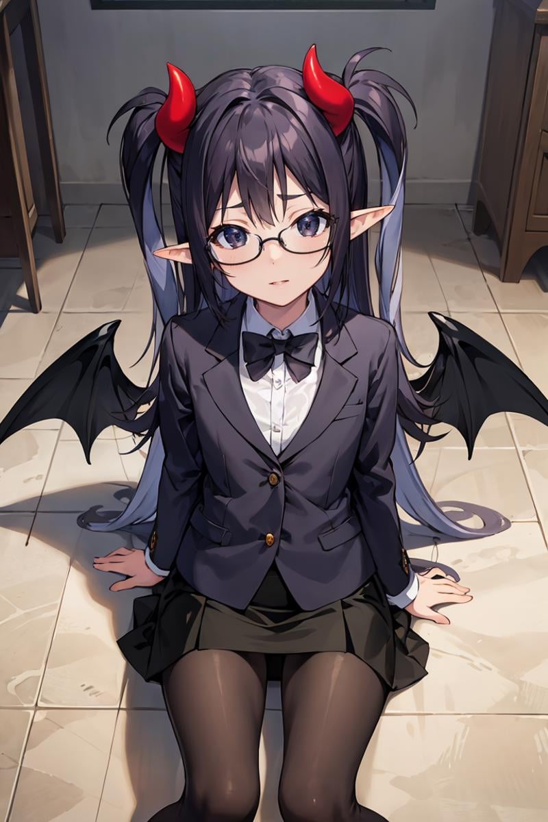 masterpiece, best quality, ultra-detailed, glistening shiny, glowing light, ray tracing, HDR, deph of field, (perfect face, detailed face), <lora:Lucelia:0.7>, lucelia, very long hair, flat chest,  black eyes, two side up, pointy ears, demon horns,  demon wings, glasses, black jacket, white shirt, pencil skirt, pantyhose, sitting, office,