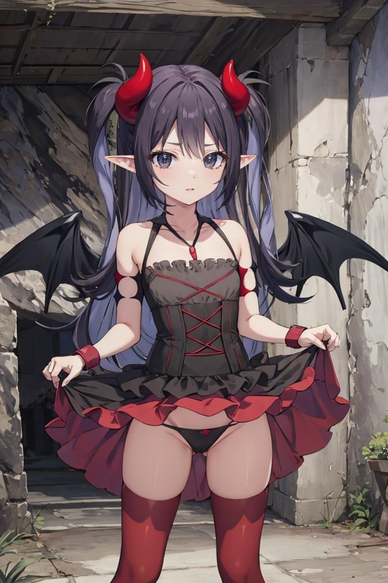 masterpiece, best quality, ultra-detailed, glistening shiny, glowing light, ray tracing, HDR, deph of field, (perfect face, detailed face), <lora:Lucelia:0.8>, lucelia, very long hair, flat chest, black eyes, two side up, pointy ears, demon horns, demon wings , black dress, red skirt, layered dress, red thighhighs, necklace, armlets, wristbands, skirt lift, thong