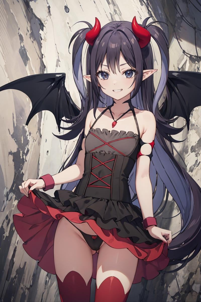 masterpiece, best quality, ultra-detailed, glistening shiny, glowing light, ray tracing, HDR, deph of field, (perfect face, detailed face), <lora:Lucelia:0.8>, lucelia, very long hair, flat chest, black eyes, grin, two side up, pointy ears, demon horns, demon wings , black dress, red skirt, layered dress, red thighhighs, necklace, armlets, wristbands, skirt lift, thong