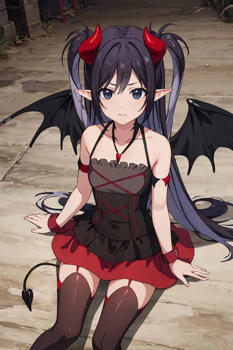 masterpiece, best quality, ultra-detailed, glistening shiny, glowing light, ray tracing, HDR, deph of field, (perfect face, detailed face), <lora:Lucelia:0.8>, lucelia, very long hair, black eyes, two side up, pointy ears, demon horns, demon wings, black dress, red skirt, red thighhighs, necklace, armlets, wristbands, sitting