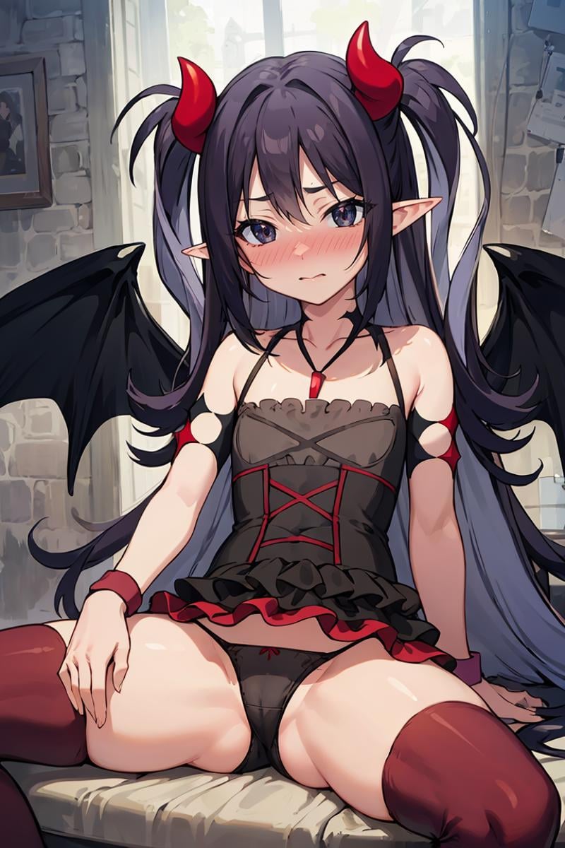 masterpiece, best quality, ultra-detailed, glistening shiny, glowing light, ray tracing, HDR, deph of field, (perfect face, detailed face), <lora:Lucelia:0.7>, lucelia, very long hair, flat chest,  black eyes, two side up, pointy ears, demon horns,  demon wings, nose blush, black dress, red skirt, layered dress, red thighhighs, necklace, armlets, wristbands, panties, sitting, spread legs, 