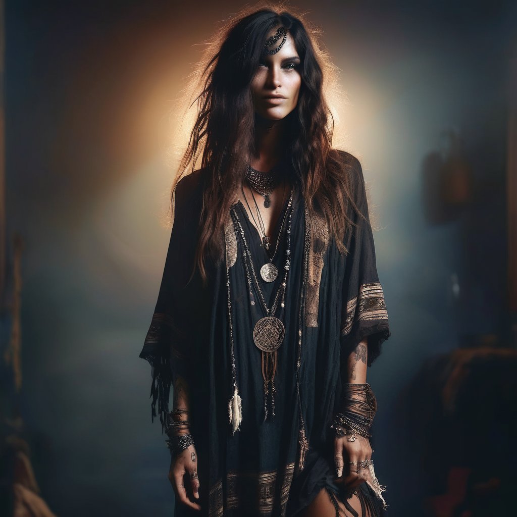 full body, dark boho, hair over one eye, rshlf drkbh.(high quality, detailed, beautiful), shiny, realistic, outstanding, detailed soft lighting, cinematic vintage photography