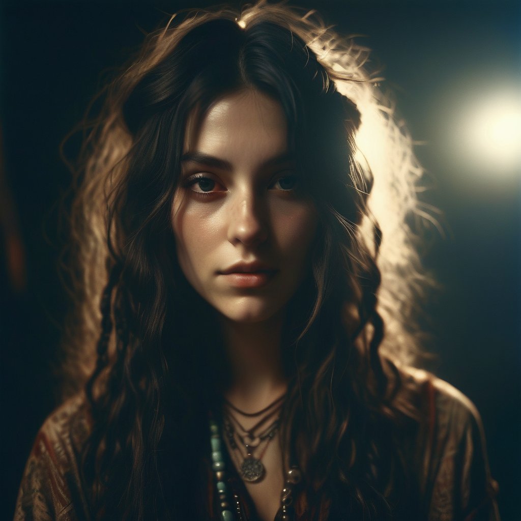 dark boho, hair over one eye, lvrn drkbh.(high quality, detailed, beautiful), shiny, realistic, outstanding, detailed soft lighting, cinematic vintage photography