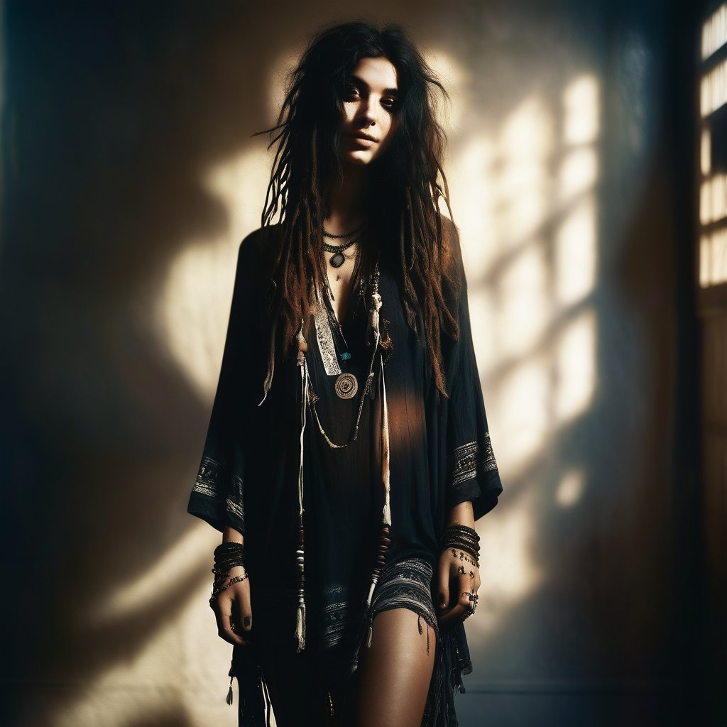 full body, dark boho, hair over one eye, Inprdm drkbh.(high quality, detailed, beautiful), shiny, realistic, outstanding, detailed soft lighting, cinematic vintage photography