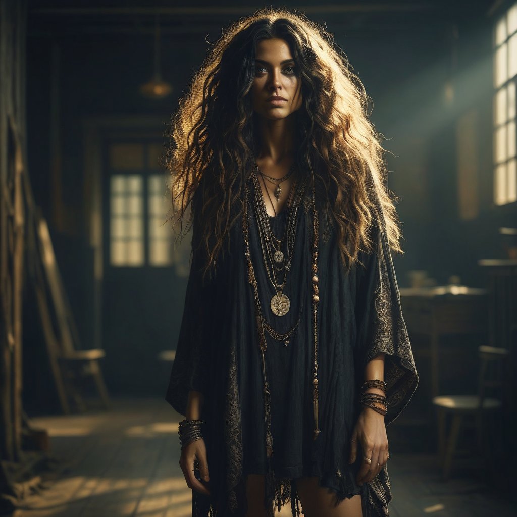 full body, dark boho, hair over one eye, mrlhgr drkbh.(high quality, detailed, beautiful), shiny, realistic, outstanding, detailed soft lighting, cinematic vintage photography