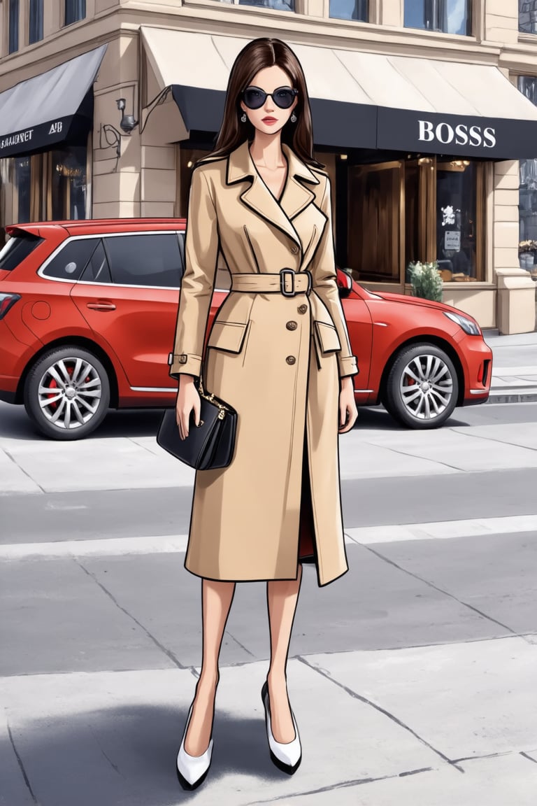 The image depicts a woman standing on a sidewalk in an urban setting. She is dressed in a beige trench coat with a belted waist and a matching skirt, both featuring a similar color and material. The coat has distinctive features such as a double-breasted design and a large lapel. She is accessorizing with a pair of black sunglasses and a black handbag that she carries over her shoulder. Her hair is styled straight and falls past her shoulders. In the background, there's a storefront with the word "BOSS" visible, suggesting a high-end fashion brand. A red car parked on the street adds to the city ambiance.,Realistic Enhance,digital art,Cartoon