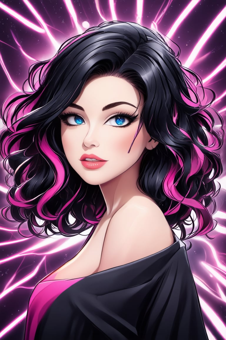 A captivating portrait of a mix black and pink medium hair style with luscious, big wavy locks framing her radiant face. Behind her, a vibrant digital abstract visuals adds a pop of color to the serene atmosphere.,Enhance,Realistic Enhance,Cartoon