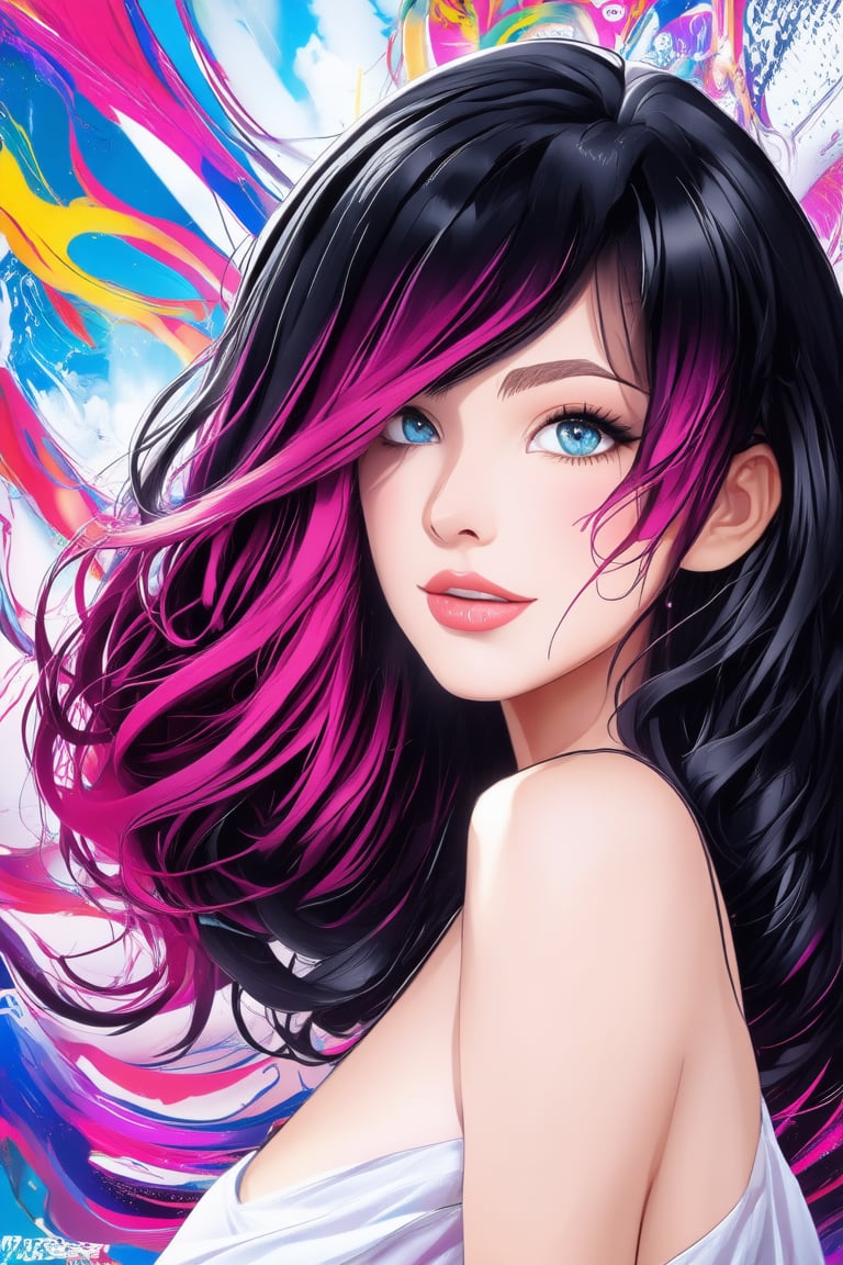 A captivating portrait of a mix black and pink medium hair style with luscious, big wavy locks framing her radiant face. Behind her, a vibrant digital abstract visuals adds a pop of color to the serene atmosphere.,Enhance,Realistic Enhance,Cartoon