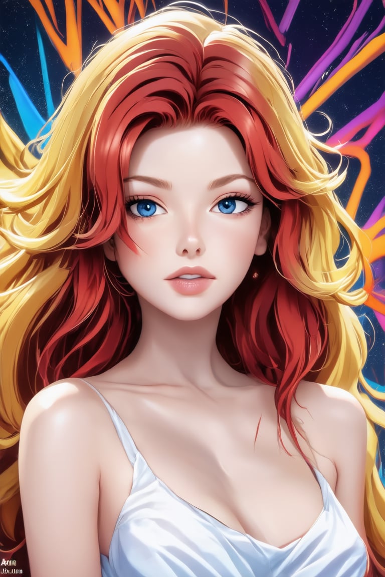 A captivating portrait of a mix red and yellow medium hair style with luscious, big wavy locks framing her radiant face. Behind her, a vibrant digital abstract visuals adds a pop of color to the serene atmosphere.,Enhance,Realistic Enhance,Cartoon