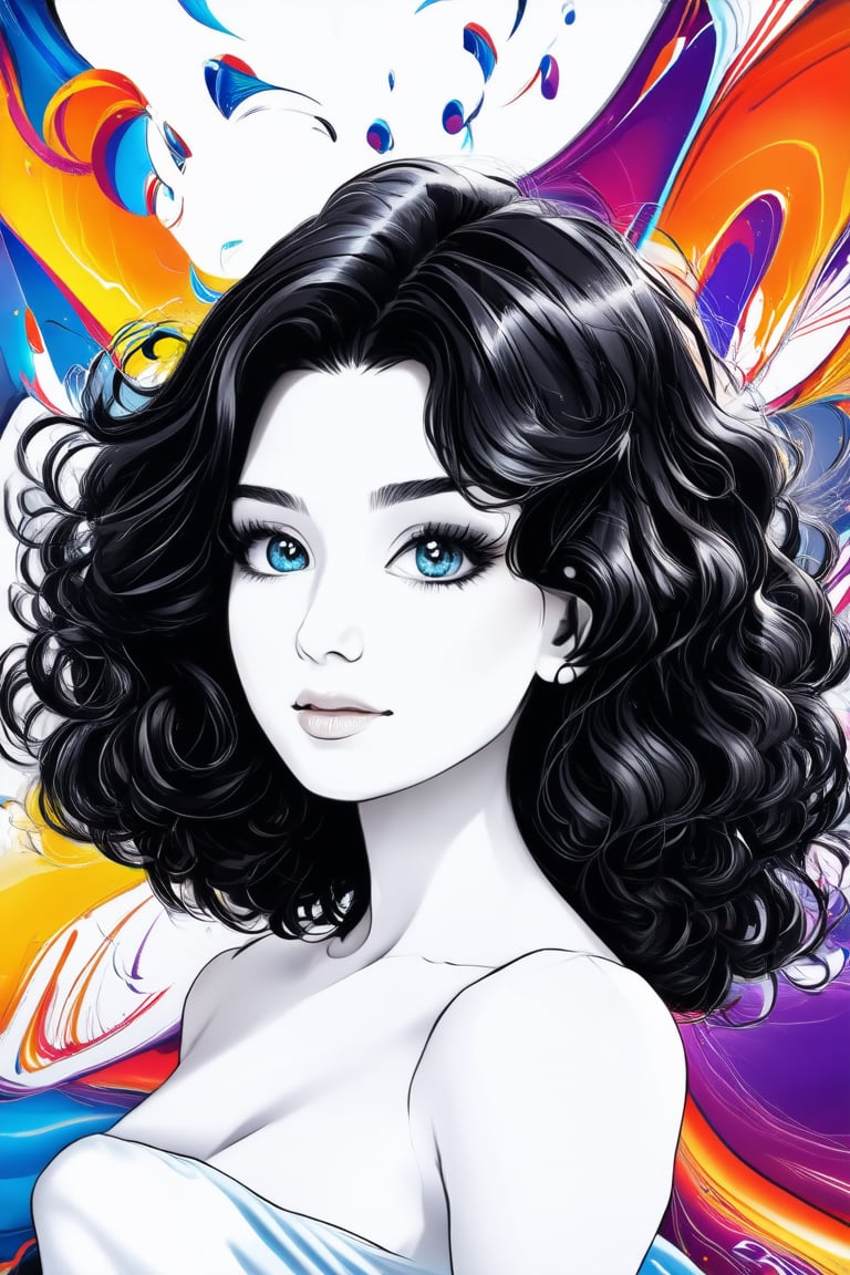 A captivating portrait of a mix black and white medium hair style with luscious, big wavy locks framing her radiant face. Behind her, a vibrant digital abstract visuals adds a pop of color to the serene atmosphere.,Enhance,Realistic Enhance,Cartoon