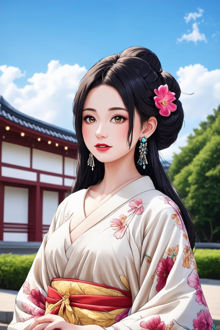 A young Japanese woman, adorned with traditional kanzashi hair ornaments and jewelry, poses against the backdrop of a serene blue sky and lush greenery. Her long black hair is styled in an intricate updo, featuring a hair flower at the crown. She wears a beautiful kimono with a floral print, its pale fabric contrasting with her porcelain-like skin. Blurred slightly to emphasize her beauty, she gazes straight ahead, her red lips painted with a subtle shine and her dark eyes lined with elegant eyeshadow. A delicate building or temple rises from the background, echoing the Japanese architecture that surrounds her.,Cartoon