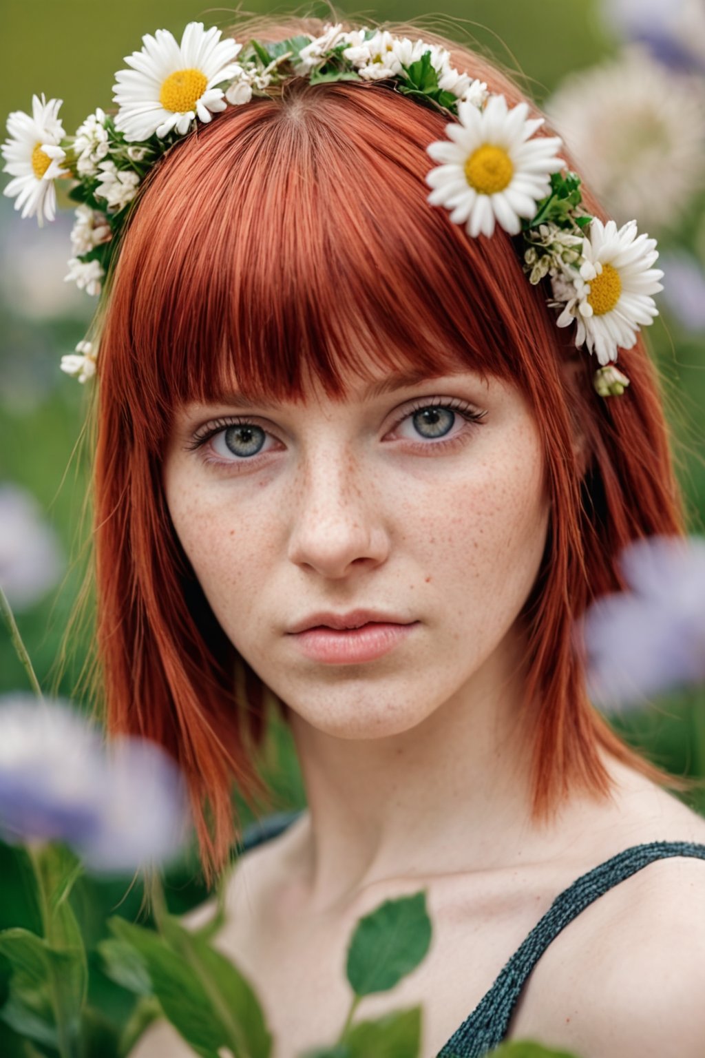 photo, face portrait, european model, 24 years old, close-up, 4mm - 14mm focal length, absurdres, red hair, front bangs, flowers