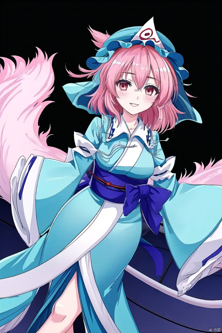 saigyouji yuyuko,1girl,solo,mob cap,triangular headpiece,long sleeves,blue headwear,blue kimono,wide sleeves,blush,looking at viewer,smile,lw