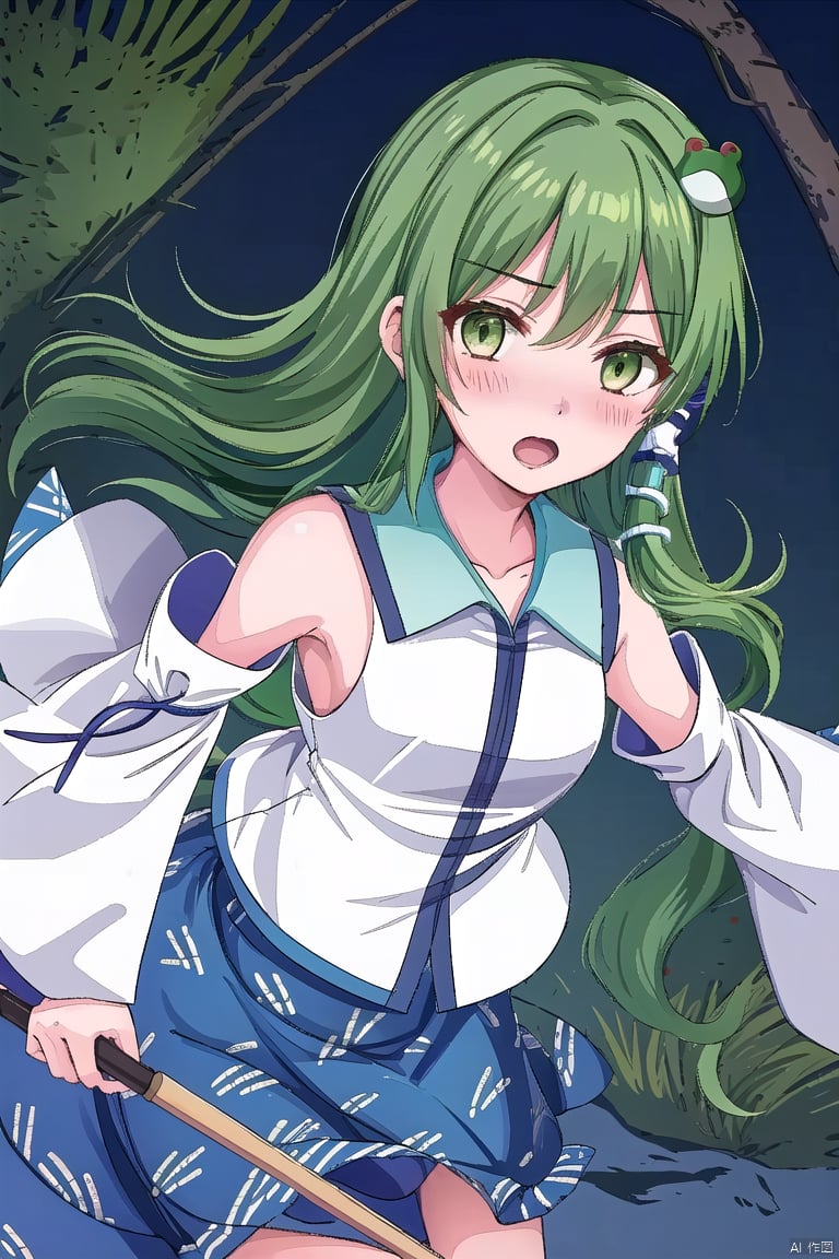 lw,kochiya sanae,1girl,solo,frog hair ornament,snake hair ornament,hair tubes,detached sleeves,open mouth,looking at viewer,wide sleeves,blush,white shirt,blue skirt